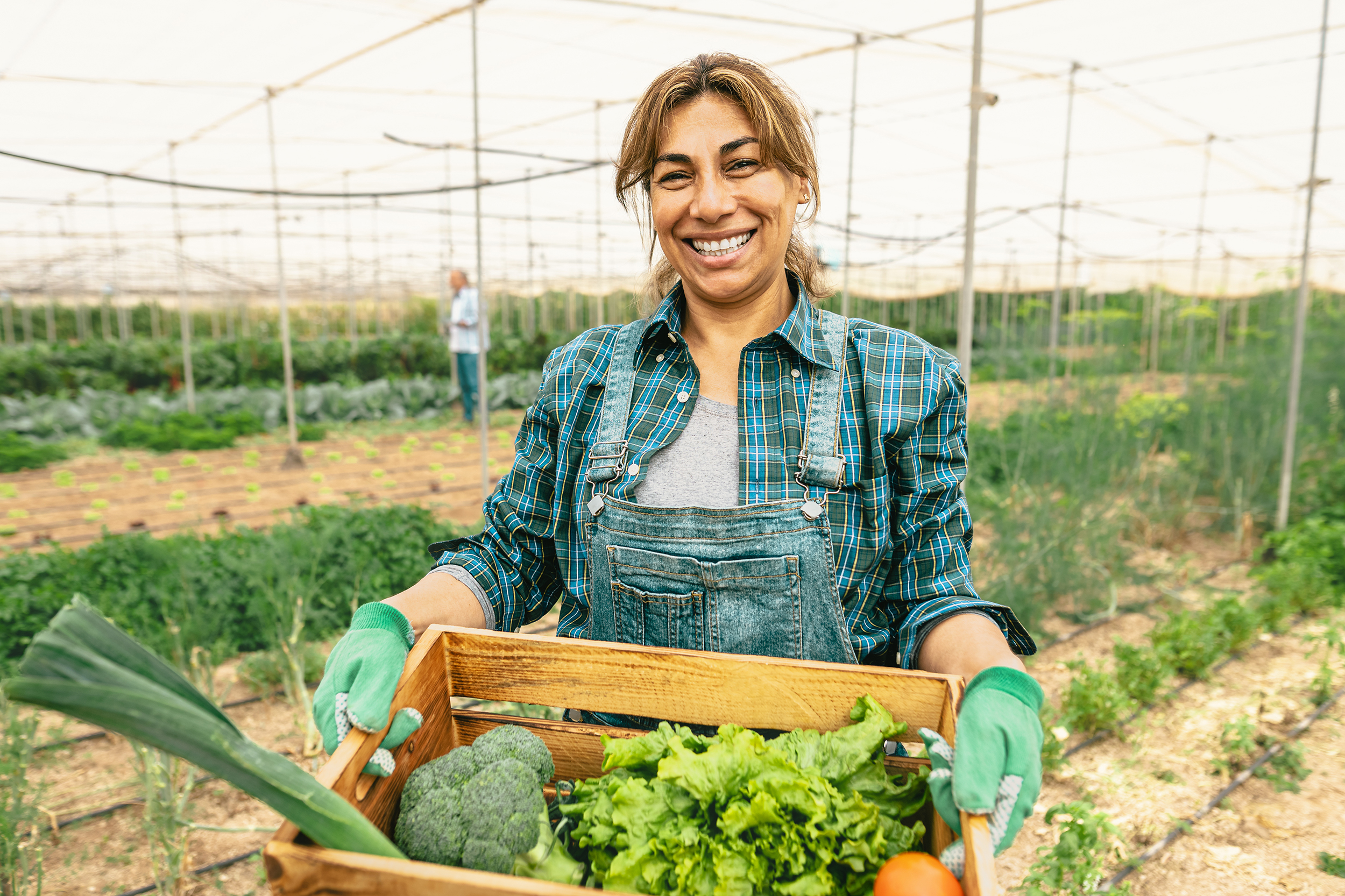 Happy Latin farmer working inside agricultural greenhouse