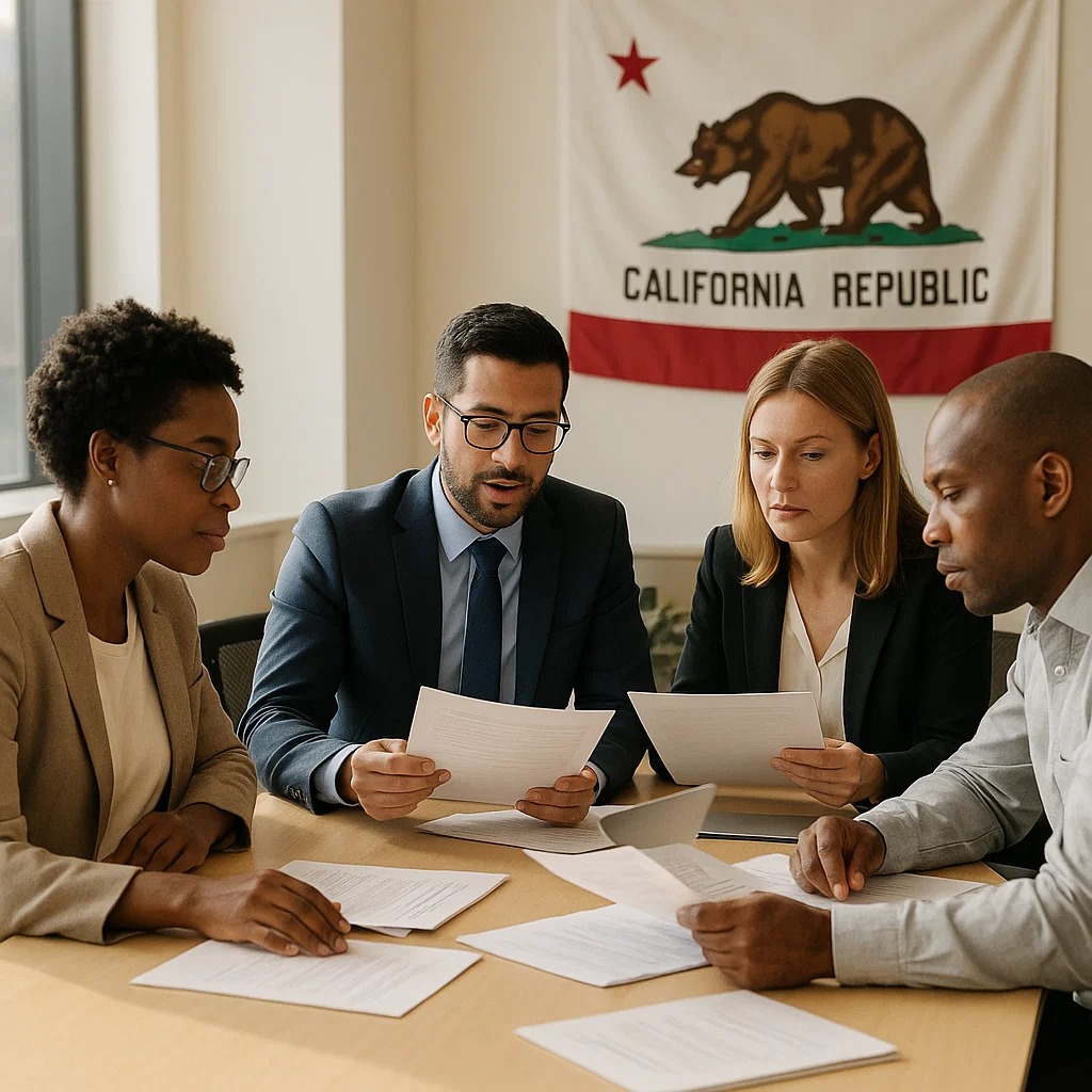 People having a meeting at a desk in a government office.